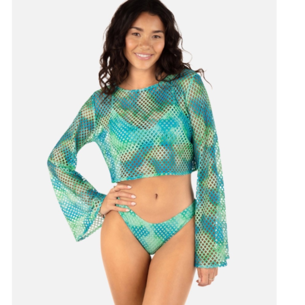 NWT women's Color Wash Mesh Long Sleeve Crop Top in Sky NWT - Picture 2 of 2